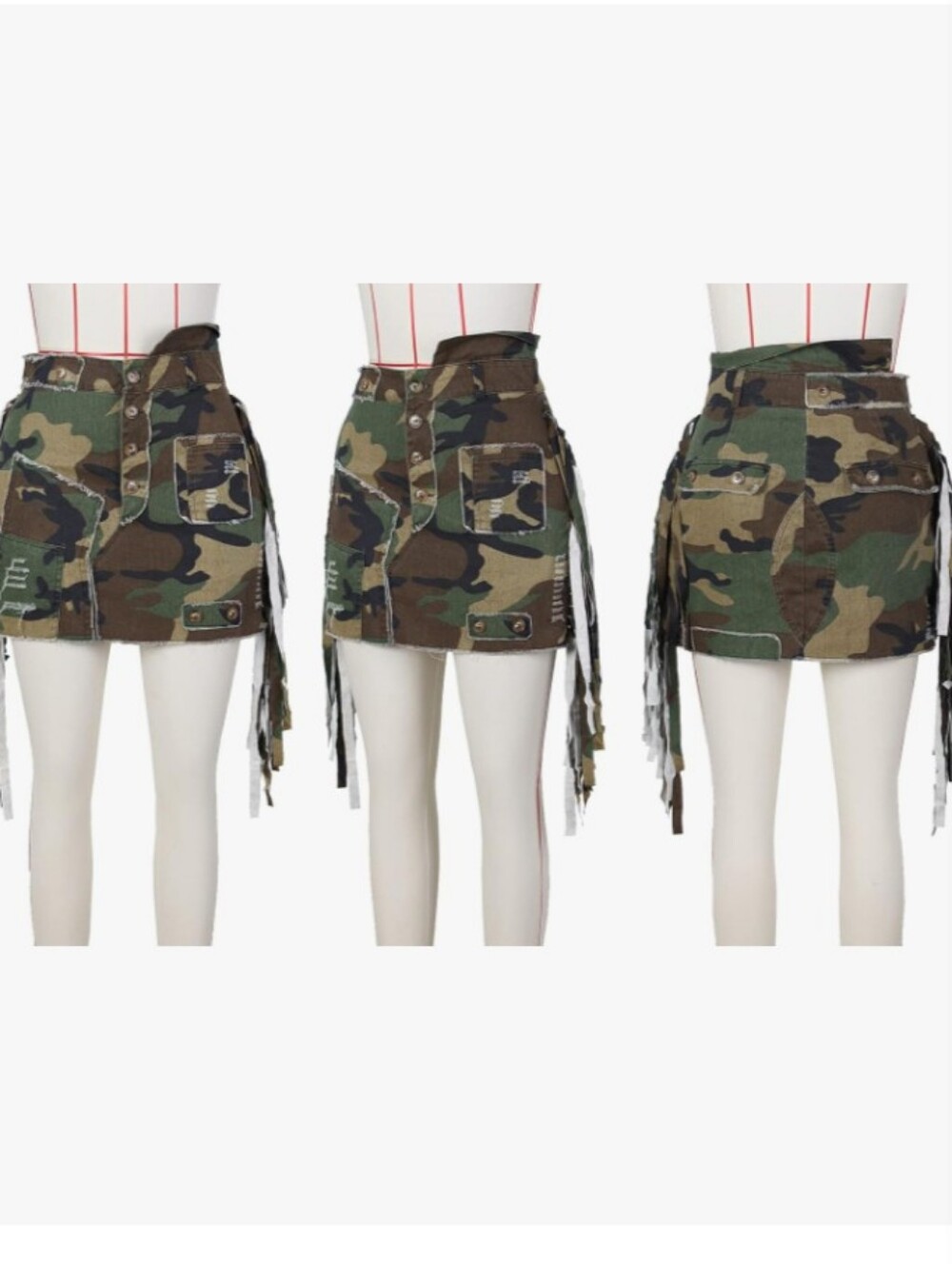 NWT Micas Camo Cargo Button & Tassel Fringe Raw Edge Army Mini Skirt - Picture 7 of 10